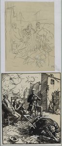 Drie gijzelaars zittend door Auguste Louis Lepère