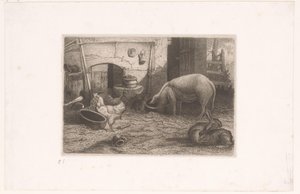 Varken, kippen en konijnen bij een schuur door Auguste Numans (attributed to)