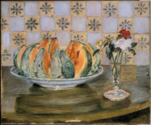 Stilleven met meloen en bloemenvaas door Auguste Renoir