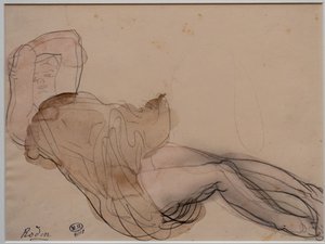 Liggende vrouw, halfnaakt en met haar armen gekruist achter haar hoofd door Auguste Rodin
