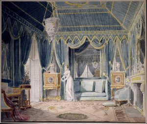 Boudoir van koningin Hortense de Beauharnais (1783-1837) in 1811. Aquarel door Auguste Garneray (1785-1824). Privécollectie