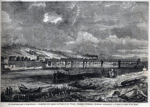 De nieuwe brug bij Argenteuil. Verbinding van de Noord- en Westlijnen. Ermont-sectie (buisvormig systeem). Gravure naar schets van Ralph in "Le Monde illustré", 29/08/1863. Privécollectie.