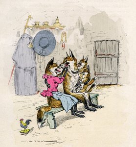 Illustratie door A. Vimar voor de Roman de Renart (roman van de vos), editie Henri Laurens 19e eeuw - Goupil en Hermeline de vos, zijn vrouw, thuis, met hun kinderen de kleine vossen -