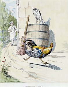 Le faucon en de kapoen in Les Fables de La Fontaine, ill. door Auguste Vimar, Tours, bij A, Mame & Fils