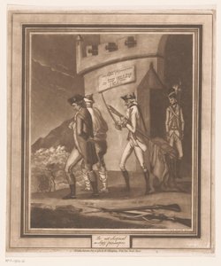 Soldaten met twee gevangenen bij toren door Auguste de Bouillé