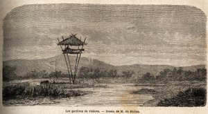 Een rijstwacht, nabij Batavia (het huidige Jakarta). Tekening door M. de Molins, ter illustratie van zijn reis naar Java door Auguste de Molins