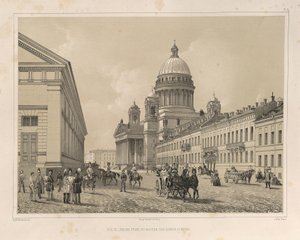 Sint-Isaacskathedraal gezien vanaf de Cavalerie Manege uit: De bouw van de Sint-Isaacskathedraal, 1845 door Auguste de Montferrand