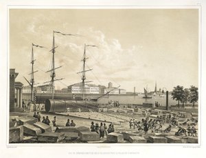 Lossen van twee kolommen bij de Admiraliteit Uit: De bouw van de Sint-Isaacskathedraal, 1845 door Auguste de Montferrand