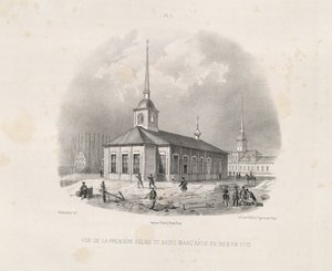 Uitzicht op de eerste St. Isaacs kerk in 1710 Uit: De bouw van de Sint-Isaacskathedraal, 1845