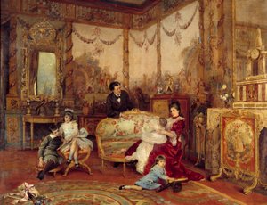 Victorien Sardou (1831 - 1908), toneelschrijver, en zijn kinderen. Uitzicht vanuit de woonkamer met vuur voor de open haard