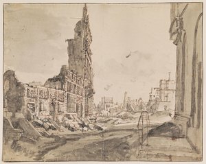Uitzicht over de noordoost- en noordwesthoeken van de Grote Markt na het bombardement in 1695