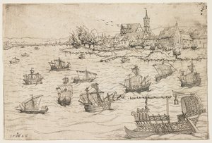 Jona en de Walvis op een Meer met Zeilboten, 1546 door Augustin Hirschvogel