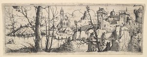 Landschap met fort en een kerk aan een rivier door Augustin Hirschvogel