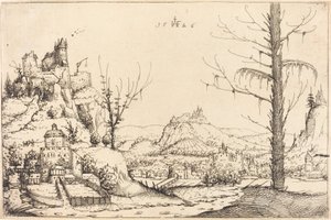Landschap met hoge kliffen, rivier en stad door Augustin Hirschvogel