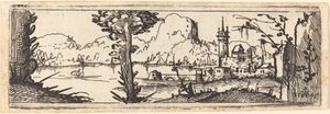 Landschap met meer en stad