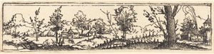 Landschap met zes enkele bomen en drie kleine boerderijen door Augustin Hirschvogel