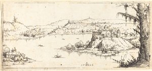 Landschap met een Groot Meer in het Midden door Augustin Hirschvogel