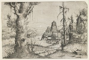 Grote boom en kasteel aan een meer door Augustin Hirschvogel