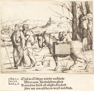 Mozes keert terug naar Egypte vanuit Midian, 1549 door Augustin Hirschvogel