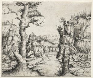 Rivierlandschap met Rotsen Links en Rechts door Augustin Hirschvogel