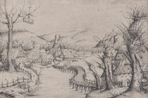 Rivierlandschap met drie kale wilgen rechts en een lange kronkelende houten brug, 1546 door Augustin Hirschvogel