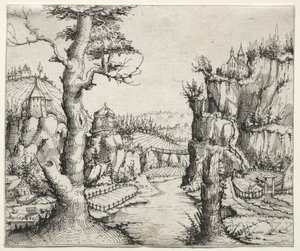 Rivierlandschap met rotsen links en rechts door Augustin Hirschvogel