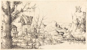 Rivierlandschap met de Verleiding van Christus door Augustin Hirschvogel