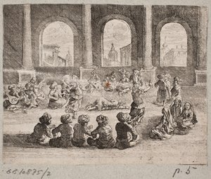 Oosters paleisinterieur met een gezelschap dat wordt vermaakt door dansers door Augustin John