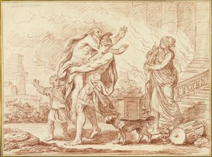 Aeneas vlucht met Anchises uit de ruïnes van Troje