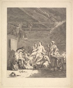 Na de huwelijksnacht moeten de lakens getoond worden. Uit Voyage en Sibérie, 1767 door Augustin de Saint Aubin