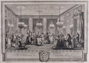 Het Avondjurkbal in het Huis van Monsieur de Villemorien Fila, gegraveerd door L. Provost
