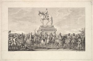 De inauguratie van het standbeeld van Lodewijk XV, vignette op pagina 1, uit Description des Trava door Augustin de Saint Aubin