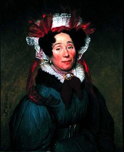 Portret van een dame met een rood-witte muts door Augustine Cochet St. Omer