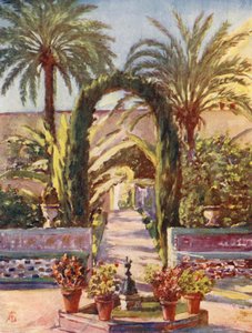 In de tuin van het Alcazar, Sevilla (kleurenlitho)