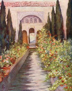 Het kanaal in de tuin van het Generalife, Granada (kleurenlitho)