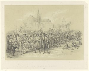 Rederijkers delen pamfletten uit door Augustinus Jacobus Bernardus Wouters