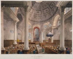 Interieur van de kerk van St. Stephen Walbrook tijdens een dienst, City of London, 1809