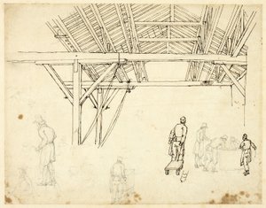 Afgewezen studie, mogelijk voor een illustratie van het Douanehuis, uit Microcosm of London (recto); Schetsen van arbeiders met vaten (verso) door Augustus Charles Pugin