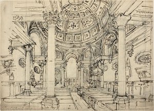 Studie voor Walbrook Kerk (recto); Schetsen van Zeilboten, Mannen en Roeiboten (verso) door Augustus Charles Pugin