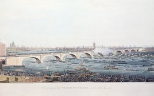 De opening van de Waterloo-brug op 18 juni 1817, geëtst door A. Pugin naar een tekening van W. Findlater, gegraveerd door R. Havell en Zoon, 1818 (kleurgravure) door Augustus Charles Pugin