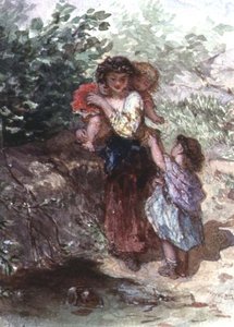 Meisje staand met een kind op haar schouders, een ander kind naast haar