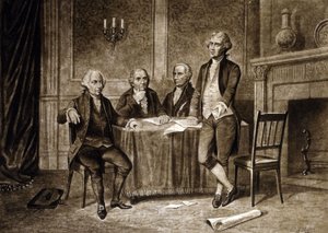 Leiders van het Continentaal Congres 1775: John Adams, Robert Morris, Alexander Hamilton, Thomas Jefferson, tekening door Augustus Tholey (1894)