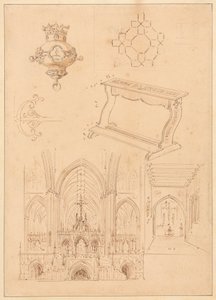 Ontwerpen voor Gotische Ornamenten, een Knieler, en Twee Schetsen van de Interieurs van Gotische Kerken door Augustus Welby Northmore Pugin