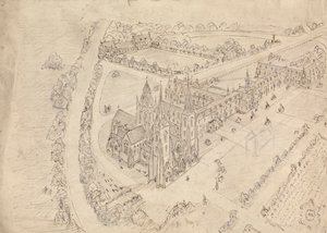 Schets van een gotische kerk en klooster door Augustus Welby Northmore Pugin