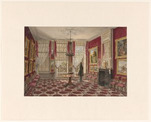 19e eeuws interieur met schilderijen en staande figuur