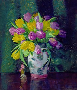 Gele en mauve tulpen in een vaas door Augustus William Enness