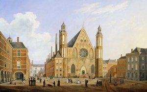 Het Binnenhof in Den Haag met een Uitzicht op de Ridderzaal met Soldaten en andere Figuren op het Binnenhof