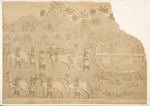 Strijdwagen en bedienden van Sanherib en een kasteel op een berg (Kouyunjik), uit Monumenten van Nineveh, uitgegeven 1849 door Austen Henry Layard