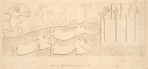Vluchtelingen steken een rivier over naar een kasteel, uit Monumenten van Nineveh, uitgegeven 1849