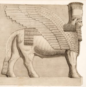 Menselijk hoofd stier en gevleugelde figuur van een poort in de muur rond Kouyunjik, uit Monumenten van Nineveh, uitgegeven 1849